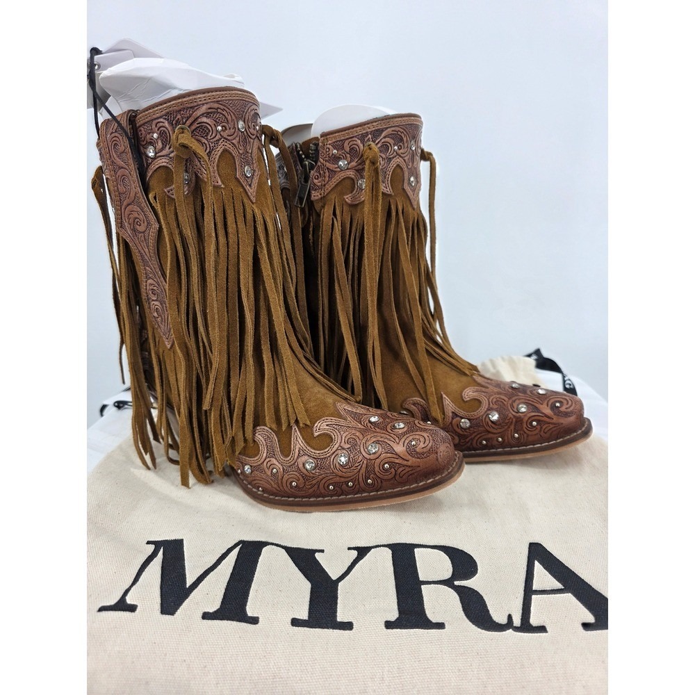 Myra Goldrush Suede Fringe Western Boots Tooled Leather Rhinestone Size 10 NWT - Picture 2 of 9